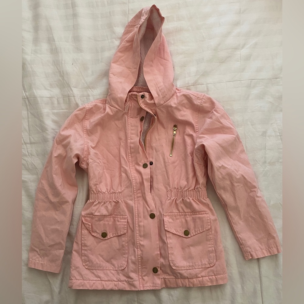 MINI MOCA pink coat with hood. Button and zipper Cotton lining